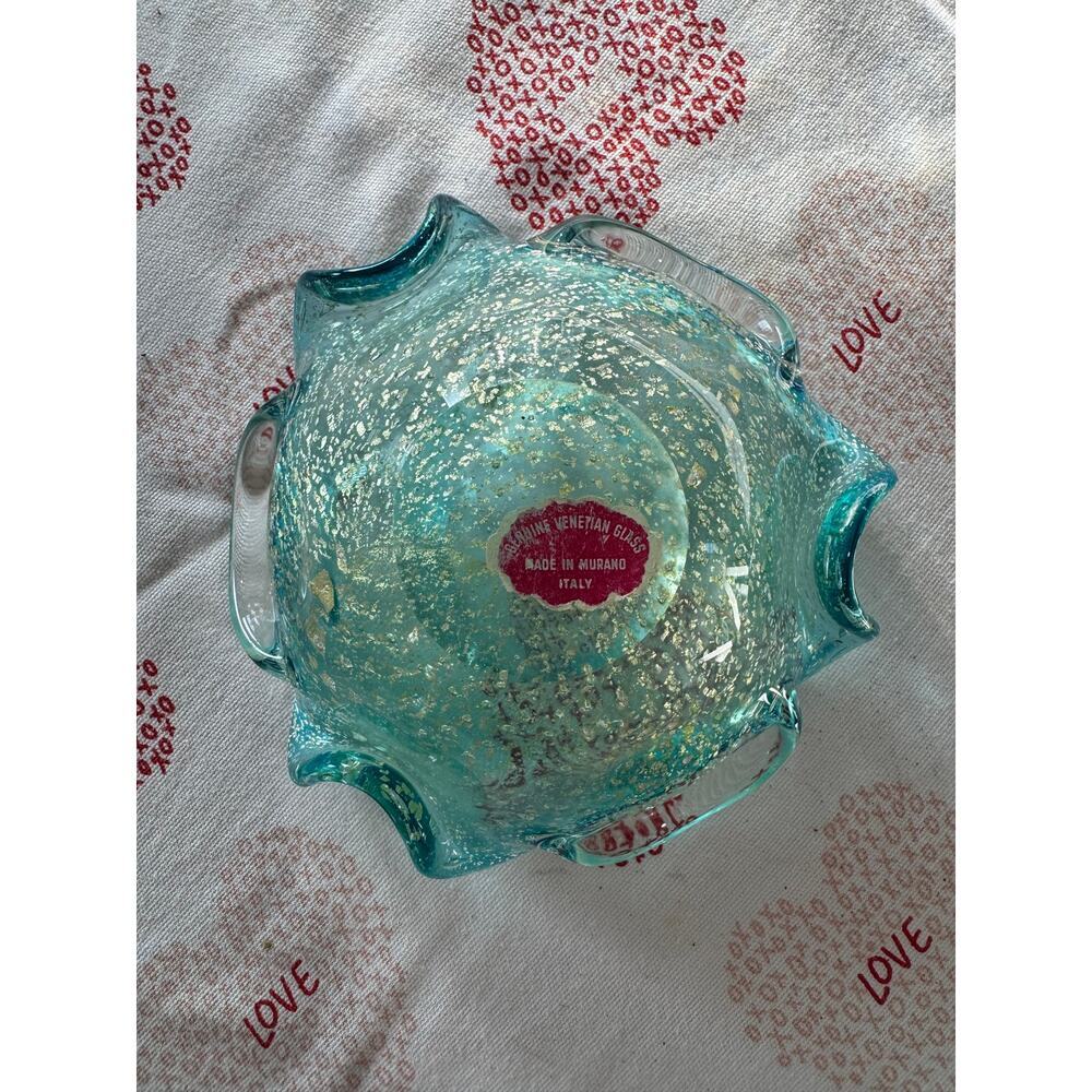 Vtg Murano Bollinato Blue Metallic Gold Fleck Scalloped Art Glass Bowl Ashtray - Picture 9 of 16